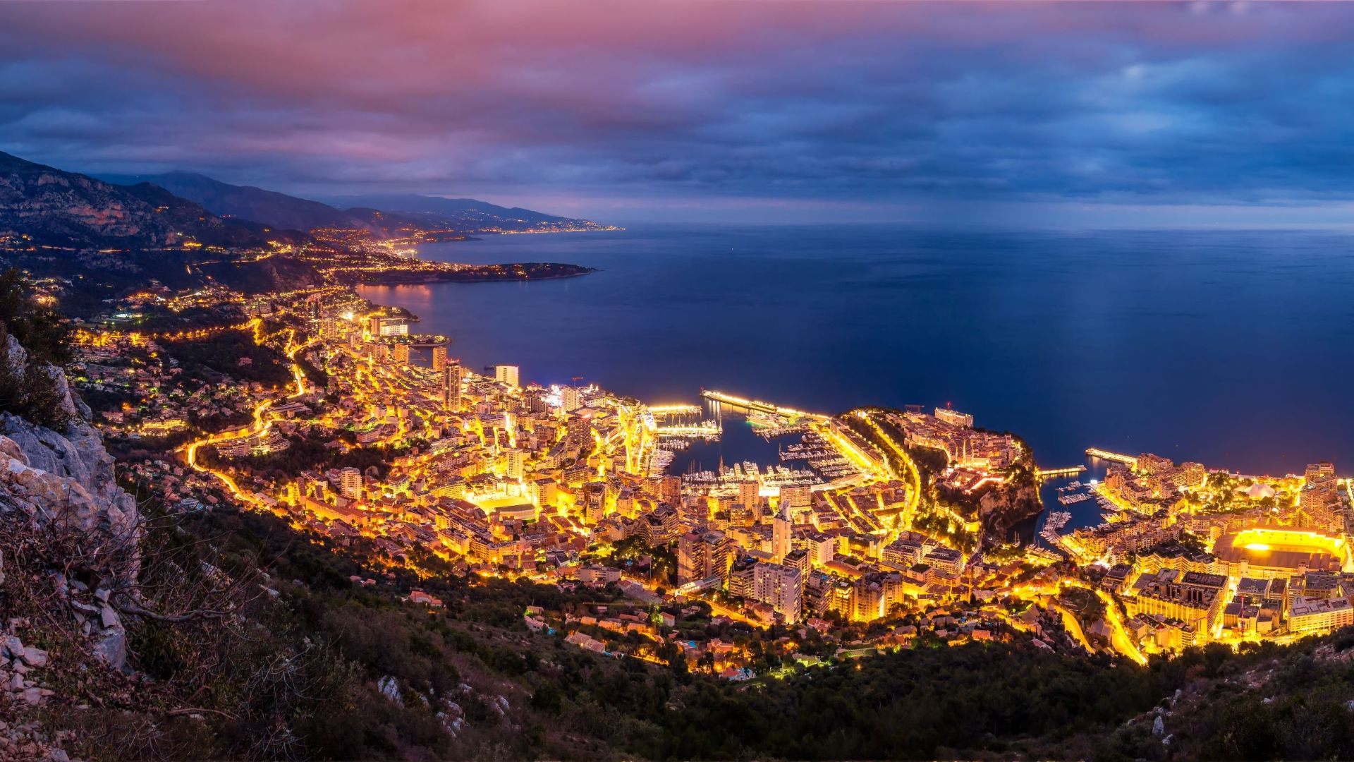 Aerial night view of Monaco